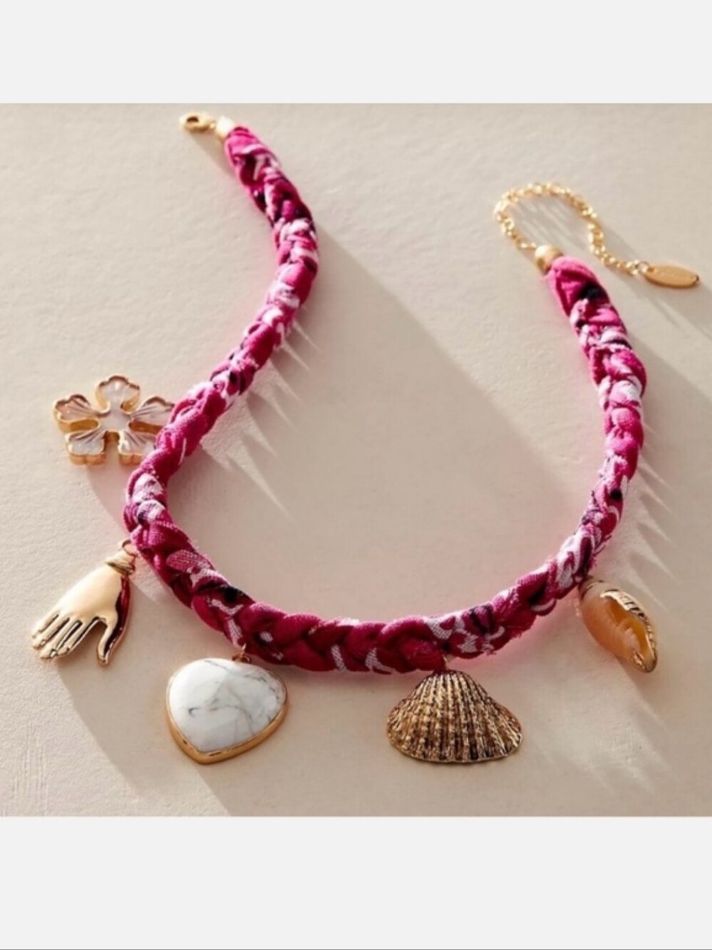 New Free People Pink Sky Charm Necklace with Shell & Heart Pendants NWOT